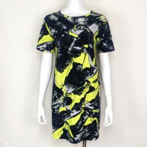 Kenzo Neon Yellow Black Graphic Print Shift Dress, Size Large